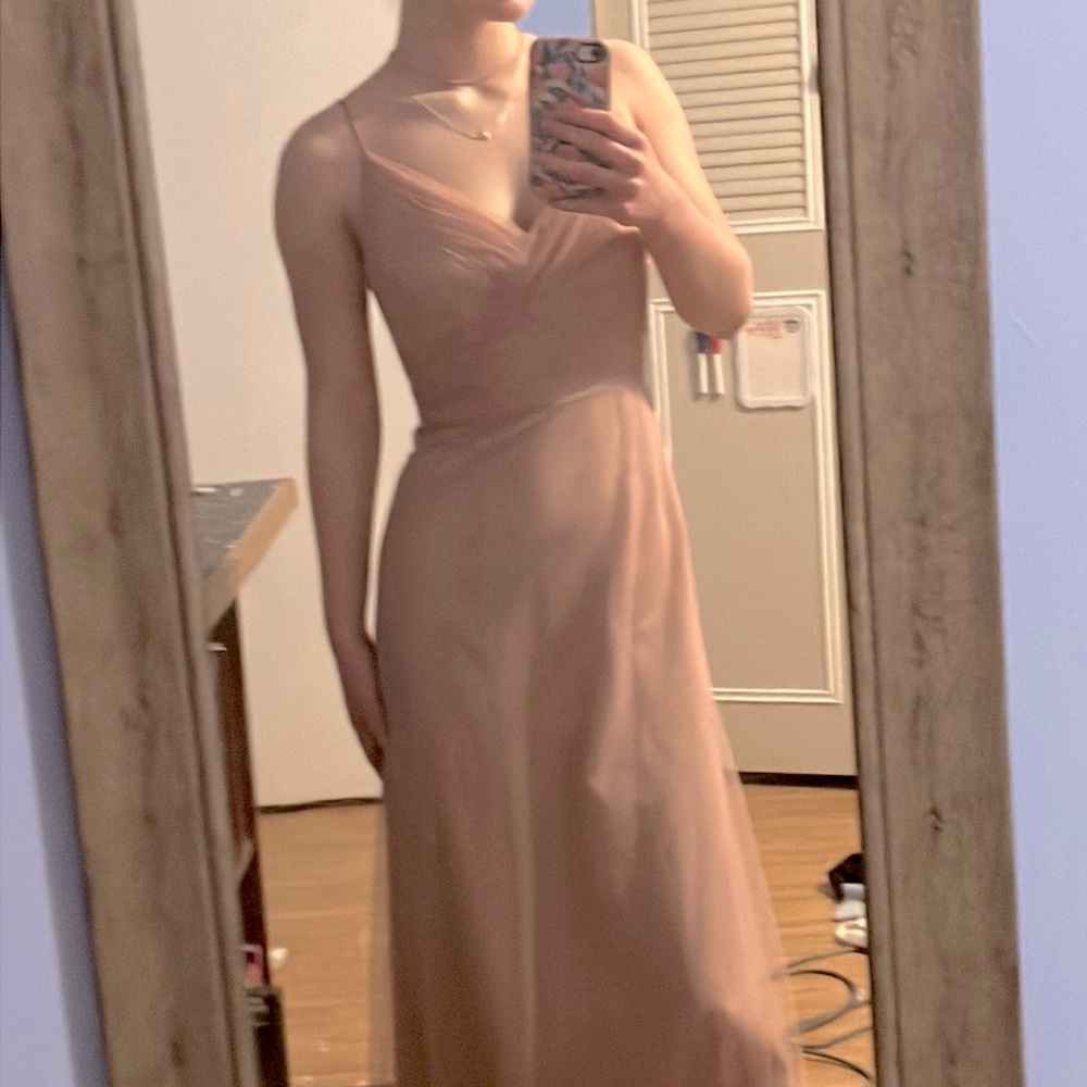 chiffon monique lhuillier bridesmaids champagne pink dress homecoming prom